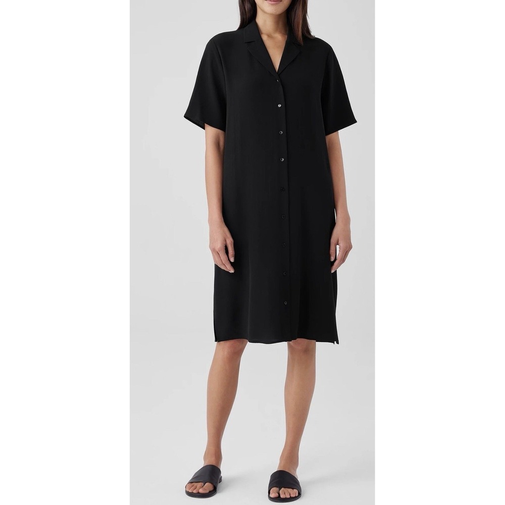 Eileen Fisher 100% SILK Georgette Crepe Notch Collar Dress XS Black‎ f4gc1